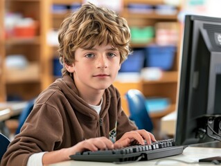Young boy working on a computer in a classroom looking at camera