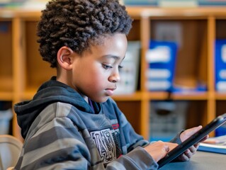 Side view of focused young afro american boy learning on a tablet in a classroom or library