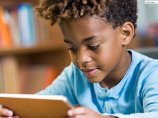 Close up of african american boy learning with a tablet in a library or school class