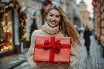 Young smiling beautiful girl with happiness while she holds huge giant red Christmas gift box in hands on street