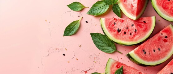   A watermelon slice with green leaves on a pink background with space for text or an image - obrazy, fototapety, plakaty