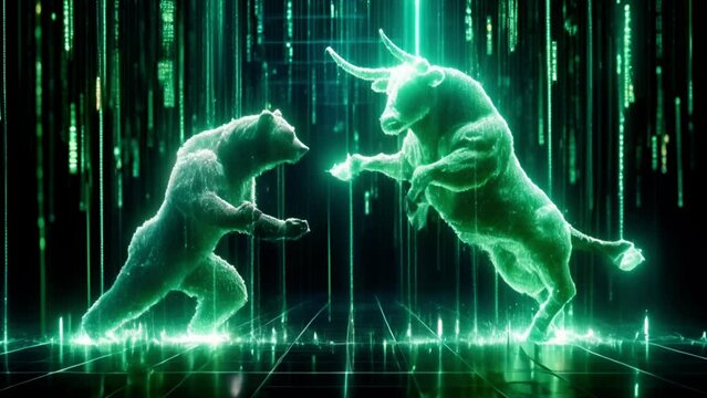 Holographic bear and bull figures, crafted from Matrix-style code, engage in a titanic digital duela