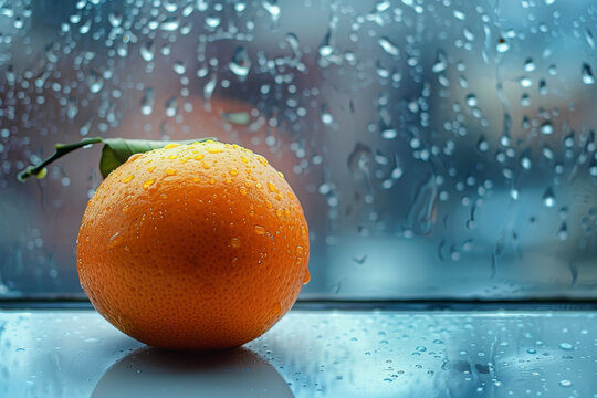 A small orange sits on a table with raindrops on the window