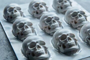 Skull shaped pills in blister pack, deadly tablet, suicide drug addiction concept, toxic painkillers and legal drugs - obrazy, fototapety, plakaty