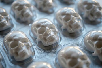 Skull shaped pills in blister pack, deadly tablet, suicide drug addiction concept, toxic painkillers and legal drugs