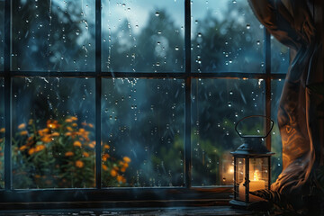 A candle is lit in a window on a rainy day