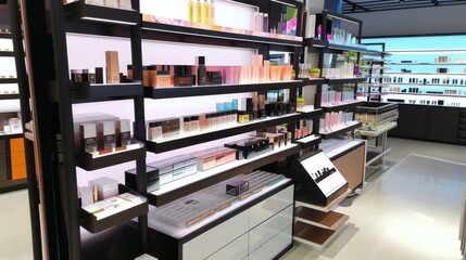 Photo of a cosmetics store with halogram shelves where customers can browse and select cosmetic products, receiving additional information about their properties and benefits --no text, titles --ar 16 - obrazy, fototapety, plakaty