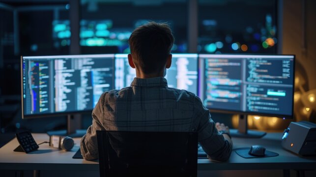 A software developer works on code late into the night, illuminated by the glow of multiple computer screens in a modern office. AIG41