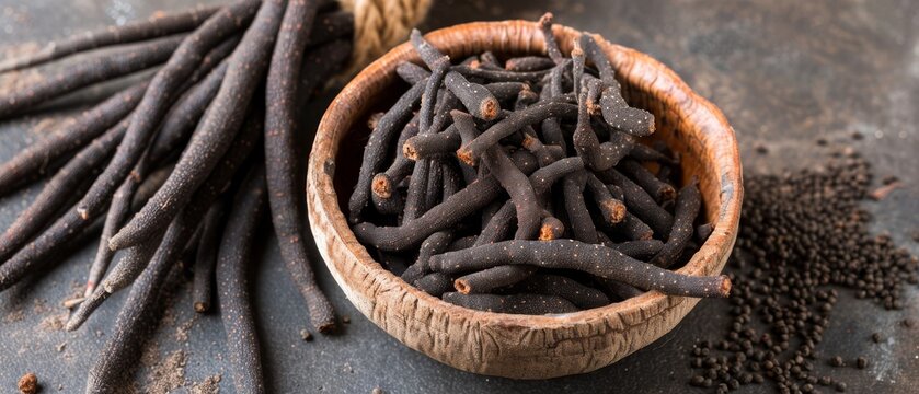   A wooden bowl filled with black beans next to a mound of brown beans and a strand of twine