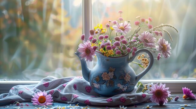 Vintage teapot and fresh flowers still life photography with soft light and vibrant colors