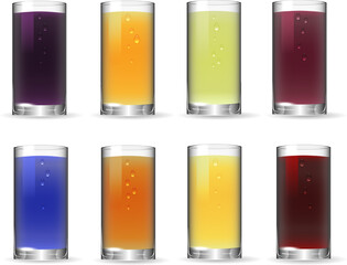 A set of glasses with multi-colored liquids.Multi-colored juices in glass glasses on a white background in a vector set.