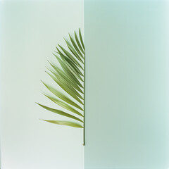 Palm leaf on bright background. Minimal concept. Tropical flat lay.