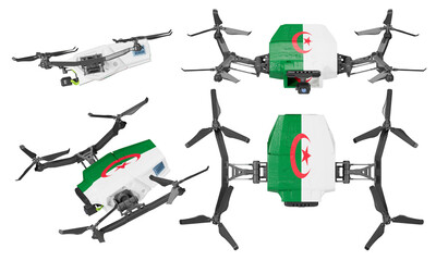 Quadcopter Drones Adorned with Algerian Flag Colors and Emblem on a Black Background - obrazy, fototapety, plakaty