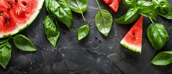 Foto op Plexiglas   Flat lay slices of watermelon with fresh basil and pepper on a dark stone backdrop © Anna