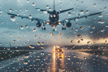 A blurry image of a plane flying through raindrops