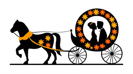 Silhouette Wedding Couple in Horse-Drawn Carriage Fall Colored Flowers Decoration