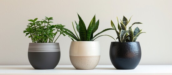 Three different types of plants in pots on a white table