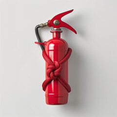 Fire extinguisher tied in a knot.Minimal creative safety concept.Flat lay - obrazy, fototapety, plakaty