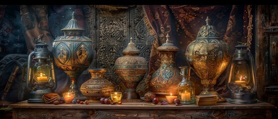   A collection of vases positioned atop a wooden table alongside a table adorned with candles - obrazy, fototapety, plakaty