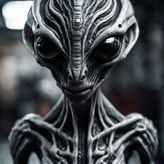 A striking close-up of an alien figure.