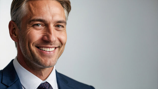 businessman wearing a suit and tie is smiling while looking at the camera on a clean white background