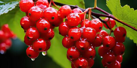 Red Viburnum Branch in the Garden After Rain: Juicy Berries Ripening on the Bush!  - obrazy, fototapety, plakaty