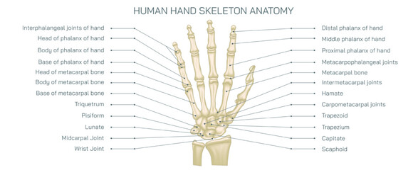 The human hand skeleton comprises multiple bones that provide structure and support to the hand. human hand bones vector illustration. - obrazy, fototapety, plakaty