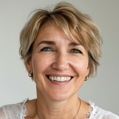 close up portrait of a beautiful 52 years old woman on a white background,