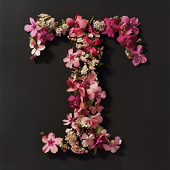 Letter T made of real natural flowers and leaves. Flower font concept. Unique collection of letters and numbers. Spring, summer and valentines creative idea. 