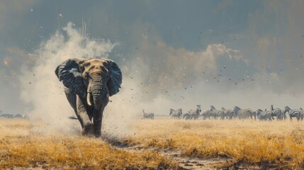 African safari  realistic depiction of elephant herd and zebras in midday heat at waterhole