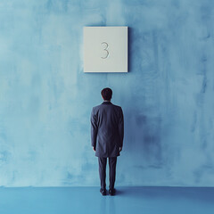 Obraz premium businessman standing on a podium with number 3 above the head.Minimal creative concept of progress.