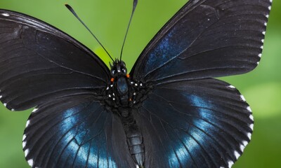 A pollinator butterfly with electric blue wings rests on a green leaf in nature