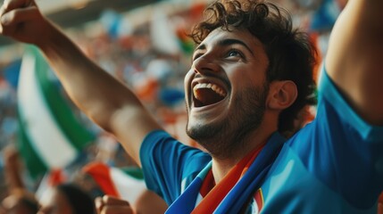 A happy fan at a public event in a stadium, holding an Italian flag with a smile and making a gesture, while enjoying the fun and leisure with a cheering crowd. AIG41