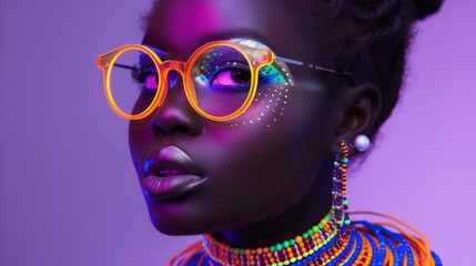A woman with bright orange glasses and a colorful outfit, AI