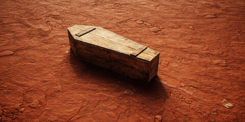 Old wooden coffin on rocky terrain in desolate desert. - 775370100