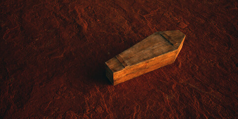 Old wooden coffin on rocky terrain in desolate desert.