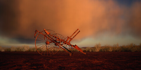 Ancient cultivator in desolate desert at sunset with cloudy sky. - 775370119