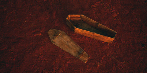 Opened old wooden coffin on rocky terrain in desolate desert. - 775370120