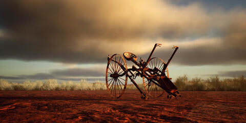 Ancient cultivator in desolate desert at sunset with cloudy sky. - 775370126