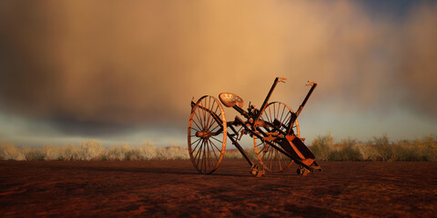 Ancient cultivator in desolate desert at sunset with cloudy sky.