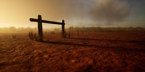 Old wooden horse hitch post in desolate desert at sunset with cloudy sky. - 775370134