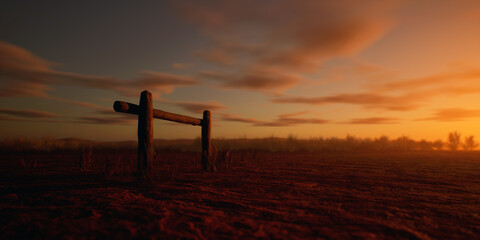 Old wooden horse hitch post in desolate desert at sunset with cloudy sky.