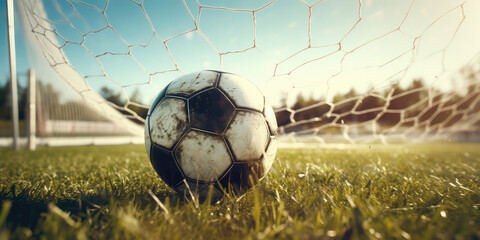Goal! Ball in the Net on the Soccer Field!  - obrazy, fototapety, plakaty