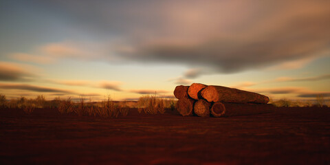 Lumber pile in desolate desert at sunset with cloudy sky.