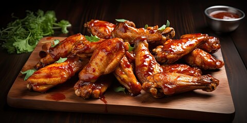 delightful spread of barbecue chicken wings coated in a sweet and sour sauce, laid out on a picnic table. The aroma of grilled goodness fills the air, 