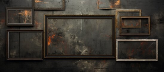 A collection of aged picture frames hanging on a wall, showcasing a weathered look with rust paint accents