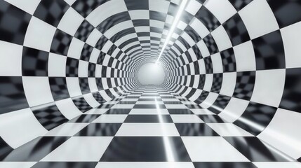 A black and white checkered tunnel with a light at the end, AI
