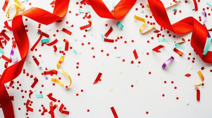New Year background. red ribbon ,confetti on white background, banner, copy space