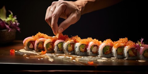 skilled chef delicately pouring savory sauce over freshly prepared sushi rolls. The sauce cascades gracefully from the chef's hand, 