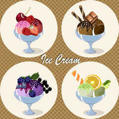 A set of ice cream in bowls.Vector illustration with a set of ice cream in bowls on a waffle background.